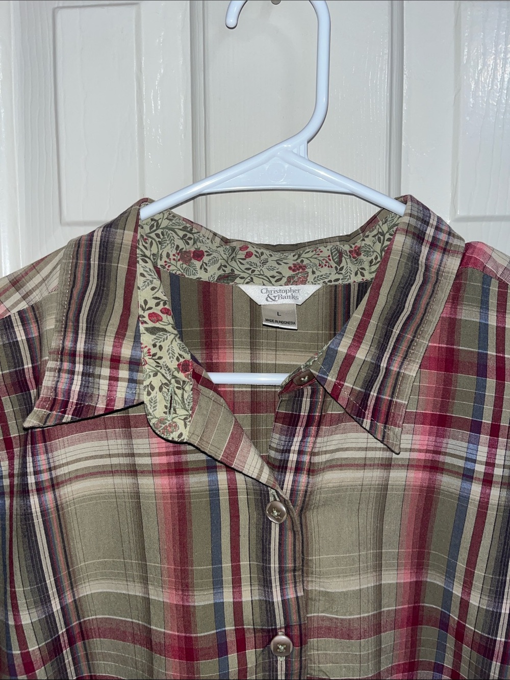 Christopher & Banks Plaid Cotton Blouse L Floral Trim 3/4 Sleeve Boxy - Picture 4 of 9